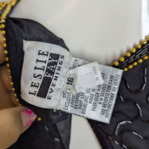 Leslie Fay Beaded Cocktail Dress Black Gold 16 Vintage Glam - Picture 10 of 10